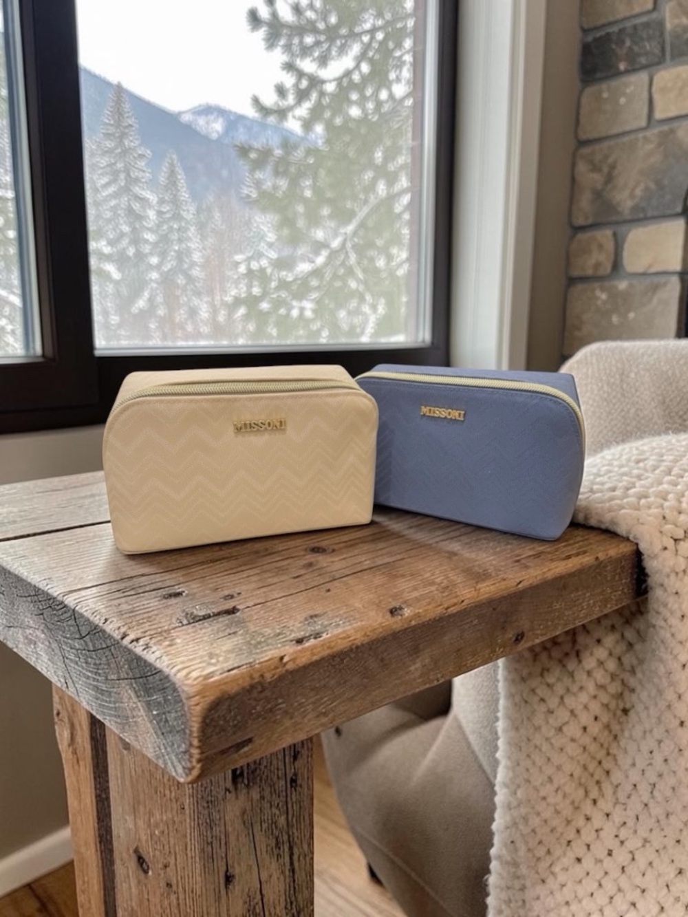 Missoni Delta One Travel Amenity Kit Bag Cream & Blue Set Of 2, New, Sealed